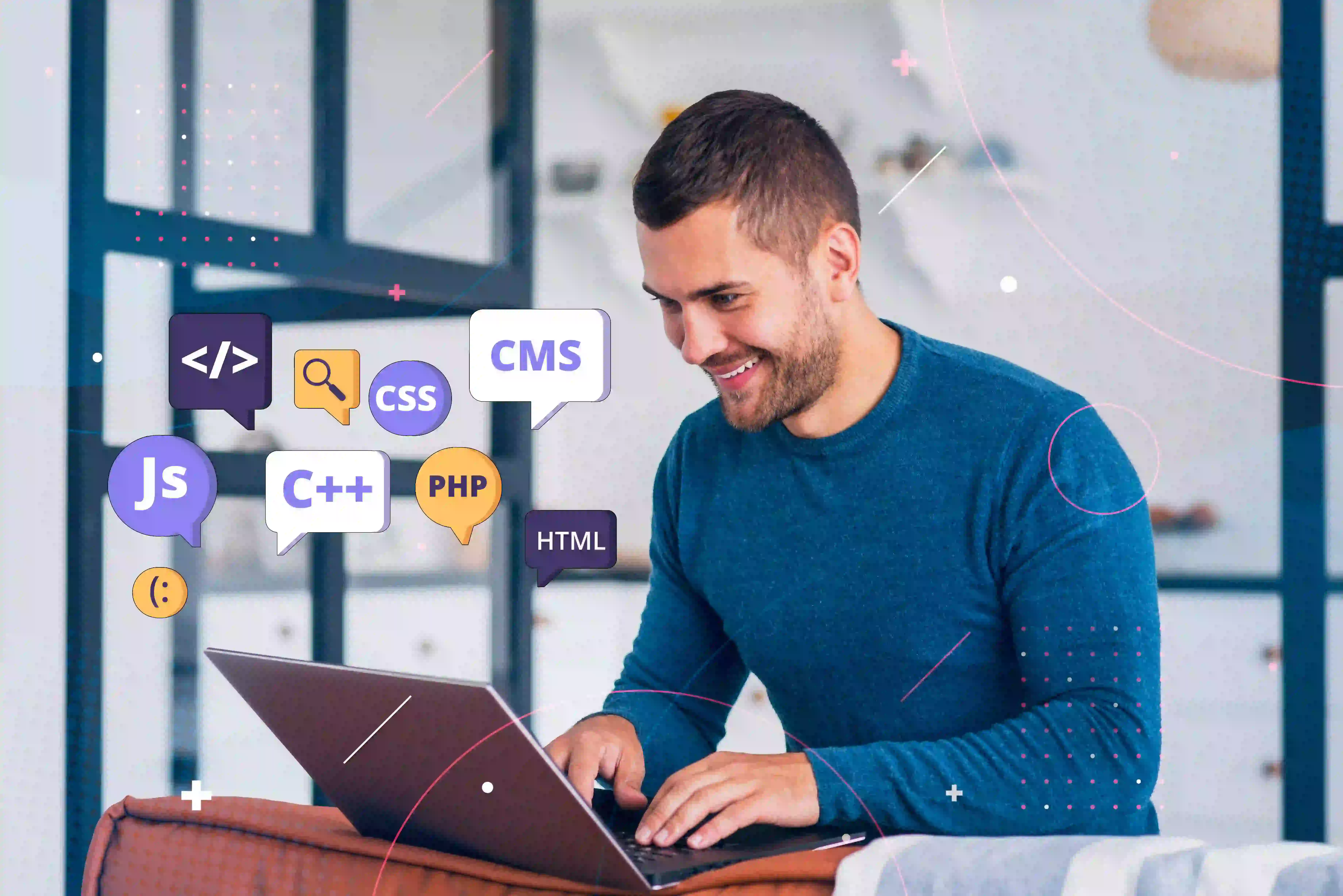  A man in a blue sweater smiles while typing on a laptop, with floating icons representing programming languages including C++, PHP, HTML, CSS, JavaScript, and Python, illustrating software development.