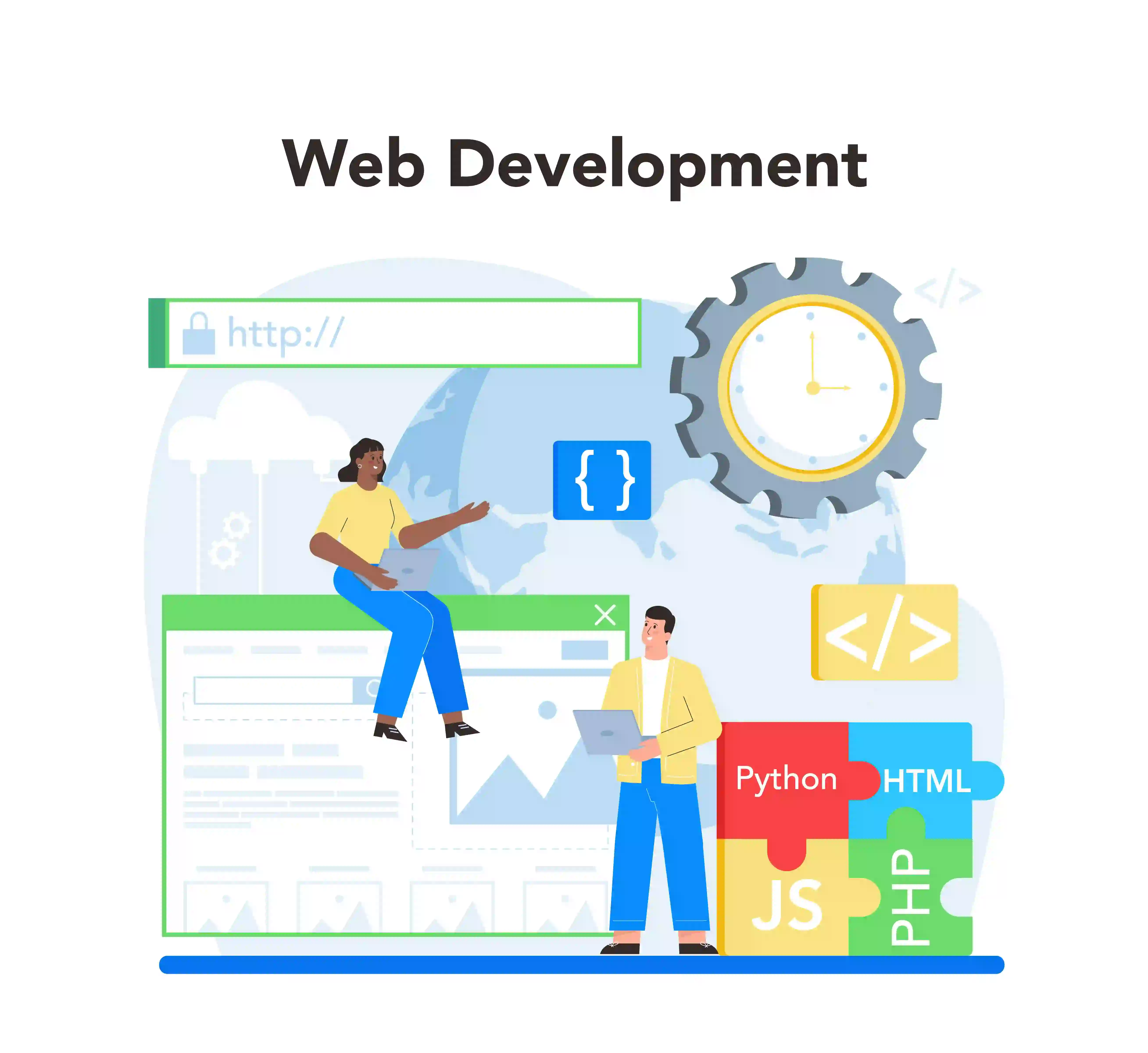 Custom web illustration with developers, programming languages, browser windows, and technology tools